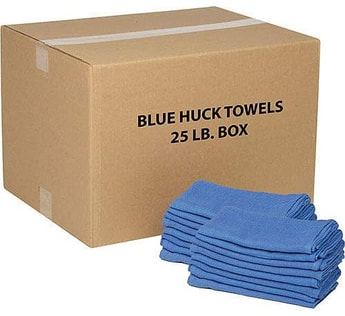 box and samples of DotWorks lintless Blue Huck Towels