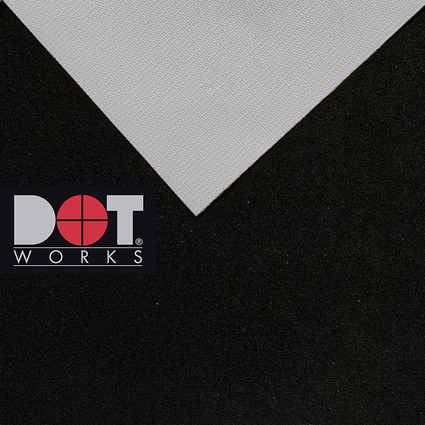 DotWorks Back Drop, Black Back, Tessuto fabric for dye sublimation printing for soft reflective displays.